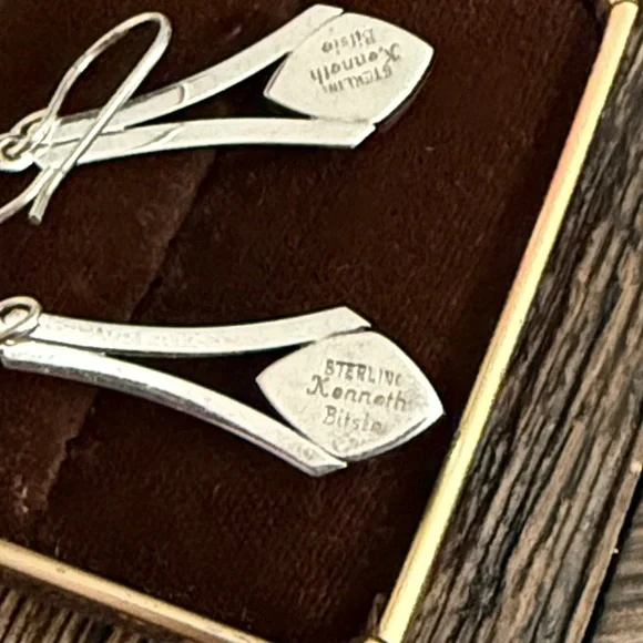 Kenneth Bitsie Navajo Sterling Silver Onyx & Opal Inlay Dangle Earrings - Picture 4 of 4